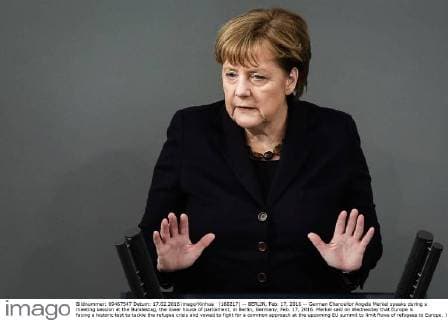 (160217) -- BERLIN, Feb. 17, 2016 -- German Chancellor Angela Merkel speaks during a meeting session at the Bundestag, the lower house of parliament, in Berlin, Germany, Feb. 17, 2016. Merkel said on Wednesday that Europe is facing a historic test to tackle the refugee crisis and vowed to fight for a common approach at the upcoming EU summit to limit flows of refugees to Europe. ) GERMANY-BERLIN-PARLIAMENT-MERKEL ZhangxFan 