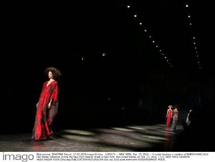 (160217) -- NEW YORK, Feb. 17, 2016 -- A model displays a creation of NAEEM KHAN 2016 Fall Winter collection during the New York Fashion Week in New York, the United States, on Feb. 17, 2016. ) U.S.-NEW YORK-FASHION WEEK-NAEEM KHAN QinxLang 