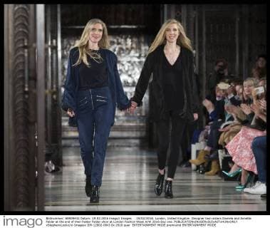. 19 02 2016. London, United Kingdom. Designer twin sisters Daniela and Annette Felder at the end of their Felder Felder show at London Fashion Week A W 2016-Day one.  xStephenxLockx xi-Imagesx IIM-12002-0043