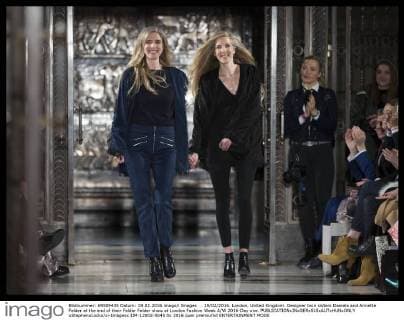 . 19 02 2016. London, United Kingdom. Designer twin sisters Daniela and Annette Felder at the end of their Felder Felder show at London Fashion Week A W 2016-Day one.  xStephenxLockx xi-Imagesx IIM-12002-0045