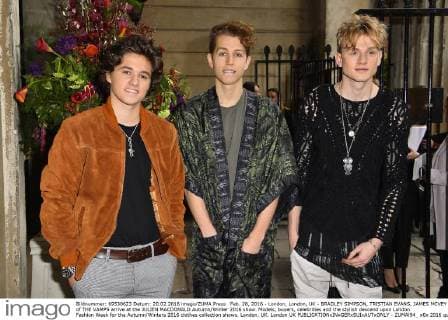 Feb. 20, 2016 - London, London, UK - BRADLEY SIMPSON, TRISTIAN EVANS, JAMES MCVEY of THE VAMPS arrive at the JULIEN MACDONALD Autumn Winter 2016 show. Models, buyers, celebrities and the stylish descend upon London Fashion Week for the Autumn Winters 2016 clothes collection shows. London, UK. London UK  - ZUMAl94_