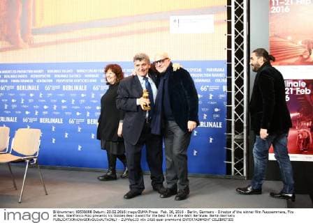 Feb. 20, 2016 - Berlin, Germany - Director of the winner film Fuocoammare, Fire at Sea, Gianfranco Rosi presents his Golden Bear Award for the best film at the 66th Berlinale. Berlin Germany - ZUMAp133