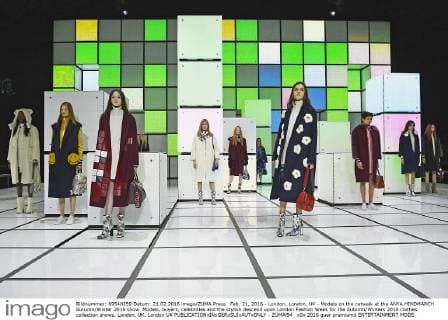 Feb. 21, 2016 - London, London, UK - Models on the catwalk at the ANYA HINDMARCH Autumn Winter 2016 show. Models, buyers, celebrities and the stylish descend upon London Fashion Week for the Autumn Winters 2016 clothes collection shows. London, UK. London UK  - ZUMAl94_