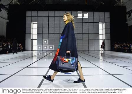Feb. 21, 2016 - London, London, UK - Model on the catwalk at the ANYA HINDMARCH Autumn Winter 2016 show. Models, buyers, celebrities and the stylish descend upon London Fashion Week for the Autumn Winters 2016 clothes collection shows. London, UK. London UK  - ZUMAl94_
