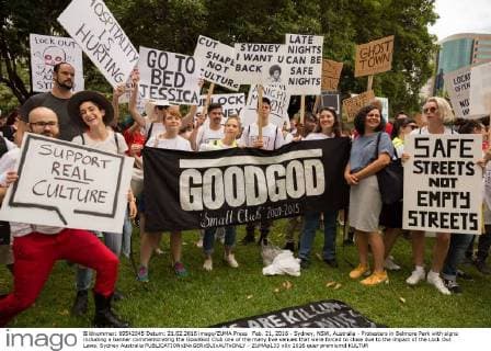 Feb. 21, 2016 - Sydney, NSW, Australia - Protesters in Belmore Park with signs including a banner commemorating the GoodGod Club one of the many live venues that were forced to close due to the impact of the Lock Out Laws. Sydney Australia - ZUMAp133