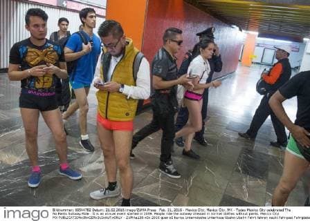 Feb. 21, 2016 - Mexico City, Mexico City, MX - Today Mexico City celebrated The No Pants Subway Ride . It is an annual event started in 2009. People ride the subway dressed in normal clothes without pants. Mexico City MX - ZUMAa136