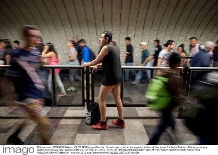 A man takes part in the seventh edition of the event No Pants Subway Ride at a subway platform in Mexico City, capital of Mexico, on Feb. 21, 2016. ) (vf) (ah) MEXICO-MEXICO CITY-SOCIETY-NO PANTS SUBWAY RIDE PedroxMera 