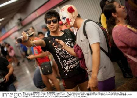Residents take part in the seventh edition of the event No Pants Subway Ride at a subway platform in Mexico City, capital of Mexico, on Feb. 21, 2016. ) (vf) (ah) MEXICO-MEXICO CITY-SOCIETY-NO PANTS SUBWAY RIDE PedroxMera 