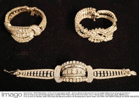 Jewelry designed Barcena firm are on display before being shown at the fashion show of Alvarno during the Mercedes-Benz Fashion Week Madrid held at Ifema exhibition site in Madrid, Spain, 22 February 2016. MBFWM runs from 18 until 23 February 2016. EFE Angel Diaz Barcena jewellery at Mercedes-Benz Fashion Week !ACHTUNG: NUR REDAKTIONELLE NUTZUNG!  GRA068 20160222-635917377313474585