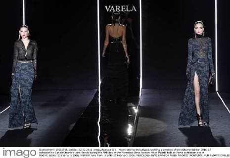 Model take to the catwalk wearing a creation of the Autumn Winter 2016-17 collection by Spanish fashion label Varela during the fifth day of the Mercedes-Benz Fashion Week Madrid held at Ifema exhibition site in Madrid, Spain, 22 February 2016. MBFWM runs from 18 until 23 February 2016. MERCEDES-BENZ FASHION WEEK MADRID !ACHTUNG: NUR REDAKTIONELLE NUTZUNG!  20160222-635917707196416689