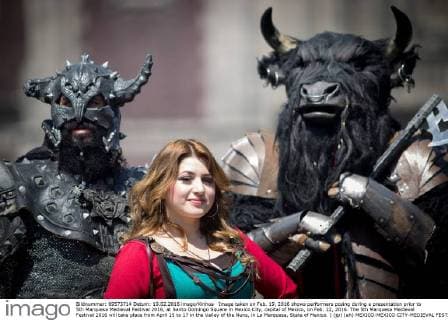 Image taken on Feb. 19, 2016 shows performers posing during a presentation prior to 5th Marquesa Medieval Festival 2016, at Santo Domingo Square in Mexico City, capital of Mexico, on Feb. 22, 2016. The 5th Marquesa Medieval Festival 2016 will take place from April 15 to 17 in the Valley of the Nuns, in La Marquesa, State of Mexico. ) (jp) (ah) MEXICO-MEXICO CITY-MEDIEVAL FESTIVAL PedroxMera 