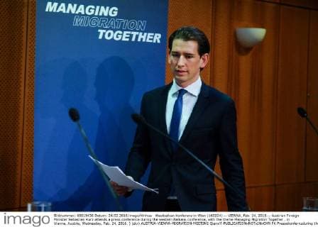 Westbalkan Konferenz in Wien (160224) -- VIENNA, Feb. 24, 2016 -- Austrian Foreign Minister Sebastian Kurz attends a press conference during the western Balkans conference, with the theme Managing Migration Together , in Vienna, Austria, Wednesday, Feb. 24, 2016. ) (zkr) AUSTRIA-VIENNA-MIGRATION-MEETING QianxYi 