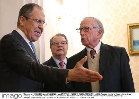 MOSCOW, RUSSIA. FEBRUARY 24, 2016. Russia s minister of foreign affairs Sergei Lavrov (L) and former US senator Sam Nunn, co-chairman and chief executive officer of the Nuclear Threat Initiative (NTI), (R) during a meeting. Sergei Savostyanov TASS  TS017E53
