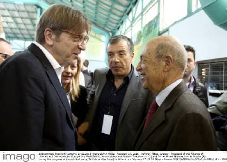 February 27, 2016 - Athens, Attica, Greece - President of the Alliance of Liberals and Democrats for Europe Guy Verhofstadt, Potami president Stavros Theodorakis (C) and former Prime Minister Costas Simitis (R) during the congress of the political party, To Potami (the River) in Athens, on February 27, 2016 Athens Greece  - ZUMAn230