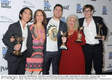 February 27, 2016 - Santa Monica, CA, United States - 27 February 2016 - Santa Monica, California - Justin Chan, Robyn Fairchild, Trey Edward Shults, Krisha Fairchild, Wilson Smith. 31st Annual Film Independent Spirit Awards - Press Room held at the Santa Monica Pier. Photo Credit: Santa Monica United States - ZUMAs123