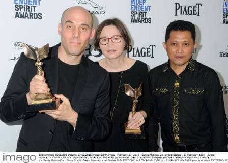 February 27, 2016 - Santa Monica, CA, United States - 27 February 2016 - Santa Monica, California - Joshua Oppenheimer, Adi Rukun, Signe Byrge Sorensen. 31st Annual Film Independent Spirit Awards - Press Room held at the Santa Monica Pier. Photo Credit: Santa Monica United States - ZUMAs123
