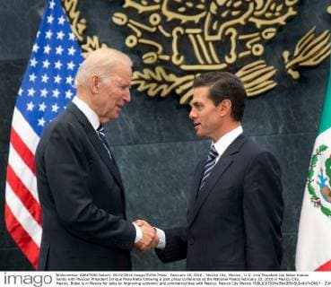 February 28, 2016 - Mexico City, Mexico - U.S. Vice President Joe Biden shakes hands with Mexican President Enrique Pena Nieto following a joint press conference at the National Palace February 25, 2016 in Mexico City, Mexico. Biden is in Mexico for talks on improving economic and commercial ties with Mexico. Mexico City Mexico - ZUMAp138