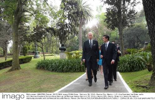 February 28, 2016 - Mexico City, Mexico - U.S. Vice President Joe Biden walks with Mexican President Enrique Pena Nieto at the National Palace February 25, 2016 in Mexico City, Mexico. Biden is in Mexico for talks on improving economic and commercial ties with Mexico. Mexico City Mexico - ZUMAp138
