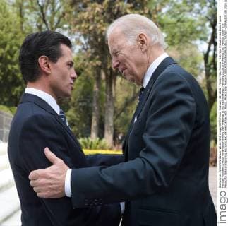 February 28, 2016 - Mexico City, Mexico - U.S. Vice President Joe Biden thanks Mexican President Enrique Pena Nieto following their meetings at the National Palace February 25, 2016 in Mexico City, Mexico. Biden is in Mexico for talks on improving economic and commercial ties with Mexico. Mexico City Mexico - ZUMAp138
