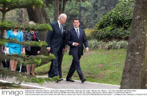 February 28, 2016 - Mexico City, Mexico - U.S. Vice President Joe Biden walks with Mexican President Enrique Pena Nieto at the National Palace February 25, 2016 in Mexico City, Mexico. Biden is in Mexico for talks on improving economic and commercial ties with Mexico. Mexico City Mexico - ZUMAp138