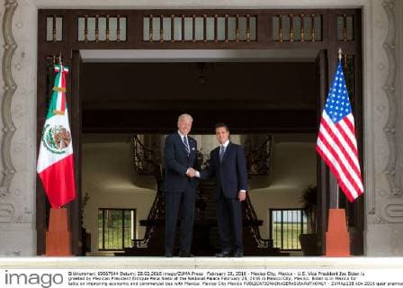 February 28, 2016 - Mexico City, Mexico - U.S. Vice President Joe Biden is greeted by Mexican President Enrique Pena Nieto at the National Palace February 25, 2016 in Mexico City, Mexico. Biden is in Mexico for talks on improving economic and commercial ties with Mexico. Mexico City Mexico - ZUMAp138