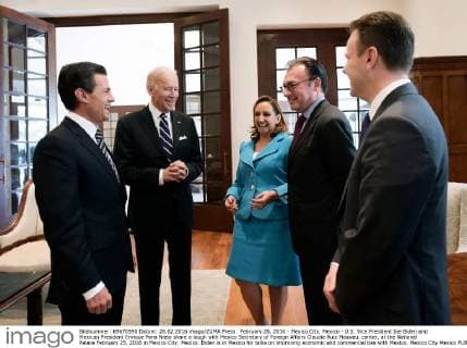 February 28, 2016 - Mexico City, Mexico - U.S. Vice President Joe Biden and Mexican President Enrique Pena Nieto share a laugh with Mexico Secretary of Foreign Affairs Claudia Ruiz Massieu, center, at the National Palace February 25, 2016 in Mexico City, Mexico. Biden is in Mexico for talks on improving economic and commercial ties with Mexico. Mexico City Mexico - ZUMAp138