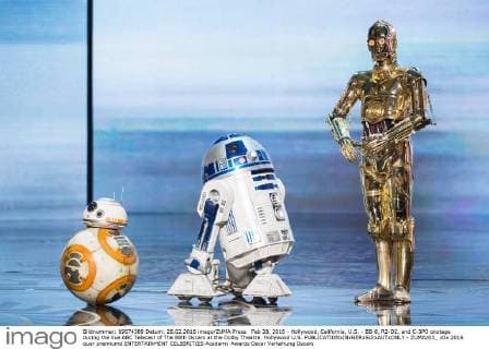 Feb 28, 2016 - Hollywood, California, U.S. - BB-8, R2-D2, and C-3PO onstage during the live ABC Telecast of The 88th Oscars at the Dolby Theatre. Hollywood U.S. - ZUMAz03_
