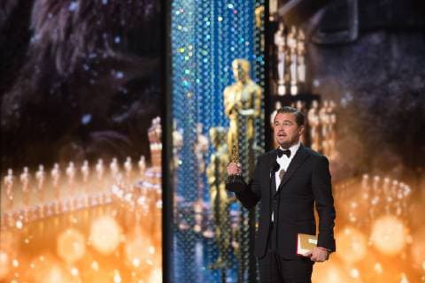 Feb 28, 2016 - Hollywood, California, U.S. - Leonardo DICAPRIO (Di Caprio) accepts the Oscar for Performance by an actor in a Leading role, for work on œThe Revenant during the live ABC Telecast of The 88th Oscars at the Dolby Theatre. Hollywood U.S. - ZUMAz03_