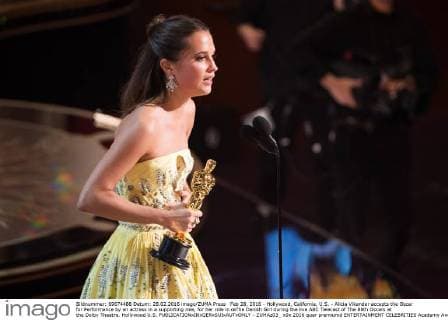 Feb 28, 2016 - Hollywood, California, U.S. - Alicia Vikander accepts the Oscar for Performance by an actress in a supporting role, for her role in œThe Danish Girl during the live ABC Telecast of The 88th Oscars at the Dolby Theatre. Hollywood U.S. - ZUMAz03_