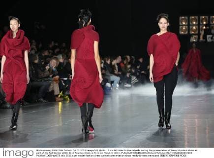 A model takes to the catwalk during the presentation of Issey Miyake s show as part of the Fall-Winter 2016-2017 Fashion Week in Paris on March 4, 2016.  PAR20160304105 MAYAxVIDON-WHITE