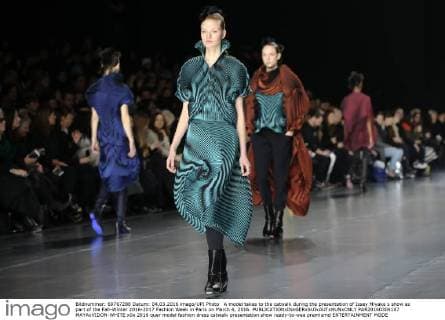 A model takes to the catwalk during the presentation of Issey Miyake s show as part of the Fall-Winter 2016-2017 Fashion Week in Paris on March 4, 2016.  PAR20160304107 MAYAxVIDON-WHITE