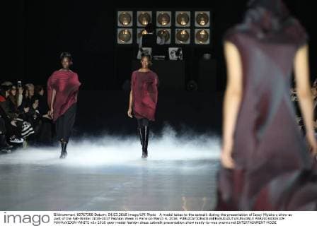 A model takes to the catwalk during the presentation of Issey Miyake s show as part of the Fall-Winter 2016-2017 Fashion Week in Paris on March 4, 2016.  PAR20160304109 MAYAxVIDON-WHITE