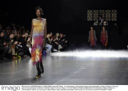 A model takes to the catwalk during the presentation of Issey Miyake s show as part of the Fall-Winter 2016-2017 Fashion Week in Paris on March 4, 2016.  PAR20160304112 MAYAxVIDON-WHITE