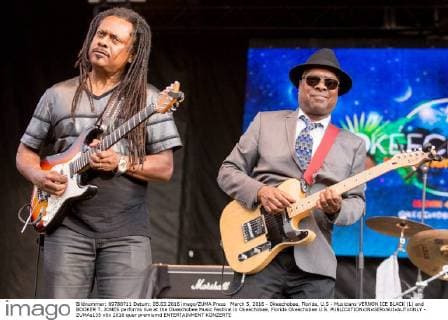 March 5, 2016 - Okeechobee, Florida, U.S - Musicians VERNON ICE BLACK (L) and BOOKER T. JONES performs live at the Okeechobee Music Festival in Okeechobee, Florida Okeechobee U.S. - ZUMAs135