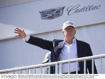 06 March 2015: Donald Trump waves to the fans during the final round of the World Golf Championships-Cadillac Championship on the TPC Blue Monster course at the Trump Doral Golf Club and Resort in Doral, FL. (Photo by Doug Murray Icon Sportswire) EDITORIAL USE ONLY 259069