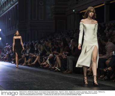 March 7, 2016 - Melbourne, Victoria, Australia - March 7, 2016 - Melbourne, Australia - A model wears Christopher Esber for the 2016 Opening Runway during Melbourne Fashion Week. Melbourne Australia - ZUMAk106