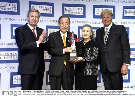 Christian Wulff, Ban Ki-moon mit Gattin Yoo Soon-taek und Karlheinz Kögel bei der Verleihung des Deutschen Medienpreises 2015 im Kongresshaus. Baden-Baden, 07.03.2016 Foto:xFredericx xFuturexImage