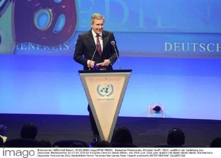Deutscher Medienpreis. Christian Wulff ( CDU ) anläßlich der Verleihung des Deutschen Medienpreises am 07.03.2016 im Kongress Centrum Baden Baden.