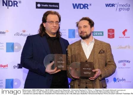 Komponist Raphael D. Thöne, l-r, Regisseur Christoph Kalkowski posieren am 08.03.2016 in Köln vor der Verleihung des Deutschen Hörbuchpreis 2016 . Mit der Verleihung des Deutschen Hörbuchpreises beginnt das internationale Literaturfestival.