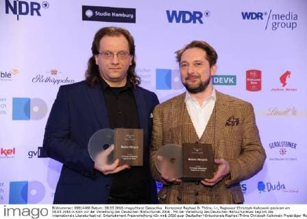 Komponist Raphael D. Thöne, l-r, Regisseur Christoph Kalkowski posieren am 08.03.2016 in Köln vor der Verleihung des Deutschen Hörbuchpreis 2016 . Mit der Verleihung des Deutschen Hörbuchpreises beginnt das internationale Literaturfestival.