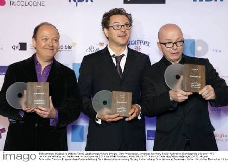 Jens Wawrczeck, Andreas Fröhlich, Oliver Rohrbeck (Sonderpreis Die drei ??? ) bei der Verleihung des Deutschen Hörbuchpreises 2016 im WDR Funkhaus. Köln, 08.03.2016 Foto:xC.xHardtx xFuturexImage