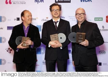 Jens Wawrczeck, Andreas Fröhlich, Oliver Rohrbeck (Sonderpreis Die drei ??? ) bei der Verleihung des Deutschen Hörbuchpreises 2016 im WDR Funkhaus. Köln, 08.03.2016 Foto:xC.xHardtx xFuturexImage