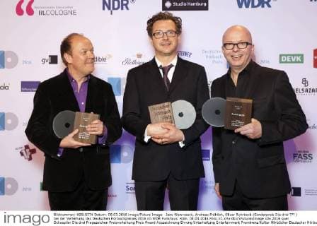 Jens Wawrczeck, Andreas Fröhlich, Oliver Rohrbeck (Sonderpreis Die drei ??? ) bei der Verleihung des Deutschen Hörbuchpreises 2016 im WDR Funkhaus. Köln, 08.03.2016 Foto:xC.xHardtx xFuturexImage