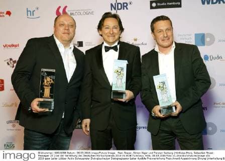 Marc Sieper, Simon Jäger und Torsten Surberg (HörKules Preis, Sebastian Fitzek: Passagier 23 ) bei der Verleihung des Deutschen Hörbuchpreises 2016 im WDR Funkhaus. Köln, 08.03.2016 Foto:xC.xHardtx xFuturexImage