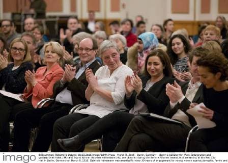 March 8, 2016 - Berlin, Germany - Berlin s Senator for Work, Intergration and Women Dilek Kolat (3R) and Award Winner Gabriele Heinemann (4L) are pictured during the Berlin s Women Award 2016 ceremony at the Red City Hall in Berlin, Germany on March 8, 2016. Gabriele Heinemann was awarded for over 30 years of engagement for young women against domestic, family and sexual violence in the district of Neukoelln. Berlin Germany  - ZUMAn230