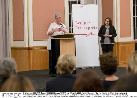 March 8, 2016 - Berlin, Germany - Berlin s Senator for Work, Intergration and Women Dilek Kolat (R) and Award Winner Gabriele Heinemann (L) are pictured during the Berlin s Women Award 2016 ceremony at the Red City Hall in Berlin, Germany on March 8, 2016. Gabriele Heinemann was awarded for over 30 years of engagement for young women against domestic, family and sexual violence in the district of Neukoelln. Berlin Germany  - ZUMAn230
