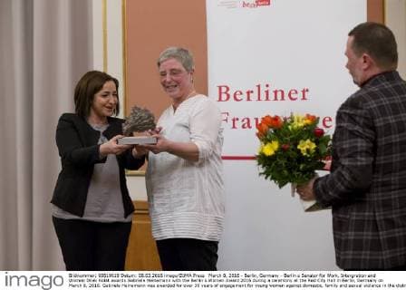 March 8, 2016 - Berlin, Germany - Berlin s Senator for Work, Intergration and Women Dilek Kolat awards Gabriele Heinemann with the Berlin s Women Award 2016 during a ceremony at the Red City Hall in Berlin, Germany on March 8, 2016. Gabriele Heinemann was awarded for over 30 years of engagement for young women against domestic, family and sexual violence in the district of Neukoelln. Berlin Germany  - ZUMAn230