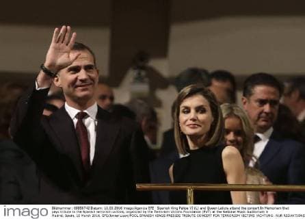 Spanish King Felipe VI (L) and Queen Letizia attend the concert In Memoriam that pays tribute to the Spanish terrorism victims, organized by the Terrorism Victims Foundation (FVT) at the National Music Auditorium in Madrid, Spain, 10 March 2016. EFE Javier Lizon POOL SPANISH KINGS PRESIDE TRIBUTE CONCERT FOR TERRORISM VICTIMS !ACHTUNG: NUR REDAKTIONELLE NUTZUNG!  GRA395 20160310-635932388756880030