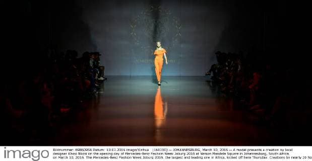 (160310) -- JOHANNESBURG, March 10, 2016 -- A model presents a creation by local designer Khosi Nkosi on the opening day of Mercedes-Benz Fashion Week Joburg 2016 at Nelson Mandela Square in Johannesburg, South Africa, on March 10, 2016. The Mercedes-Benz Fashion Week Joburg 2016, the largest and leading one in Africa, kicked off here Thursday. Creations by nearly 20 South African fashion designers are scheduled to be presented in 14 shows of the following three days. ) SOUTH AFRICA-JOHANNESBURG-FASHION WEEK ZhaixJianlan 