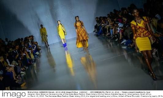(160310) -- JOHANNESBURG, March 10, 2016 -- Models present creations by local designer Khosi Nkosi on the opening day of Mercedes-Benz Fashion Week Joburg 2016 at Nelson Mandela Square in Johannesburg, South Africa, on March 10, 2016. The Mercedes-Benz Fashion Week Joburg 2016, the largest and leading one in Africa, kicked off here Thursday. Creations by nearly 20 South African fashion designers are scheduled to be presented in 14 shows of the following three days. ) SOUTH AFRICA-JOHANNESBURG-FASHION WEEK ZhaixJianlan 